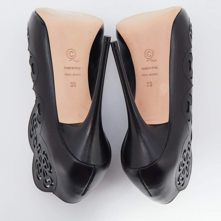 Pre Owned Alexander McQueen Black Floral Laser Cut Leather Peep Toe Booties Size 38