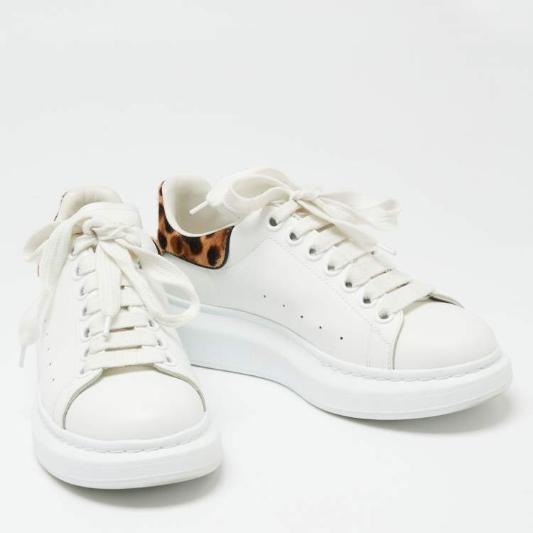 Pre Owned Alexander McQueen White/Brown Leather And Calf Hair Oversized Sneakers Size 37