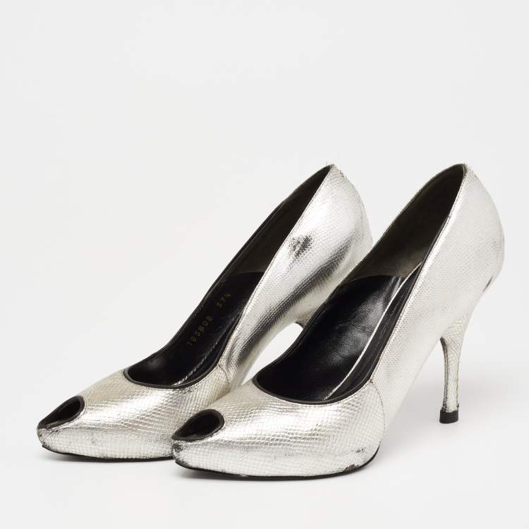 Pre Owned Alexander McQueen Silver Lizard Embossed Leather Peep-Toe Pumps Size 37.5