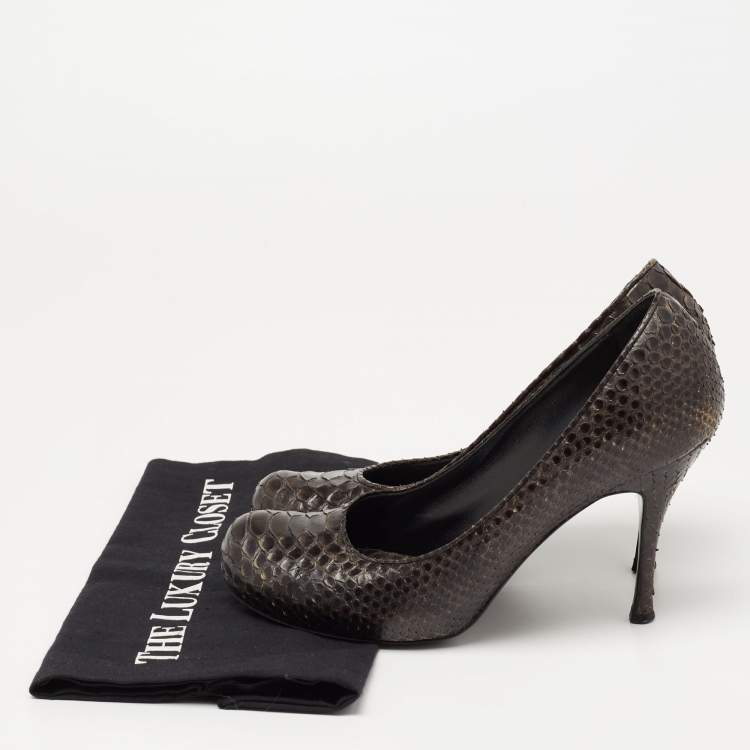 Pre Owned Alexander McQueen Dark Green Python Leather Round Toe Pumps Size 37.5