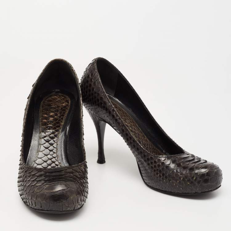 Pre Owned Alexander McQueen Dark Green Python Leather Round Toe Pumps Size 37.5
