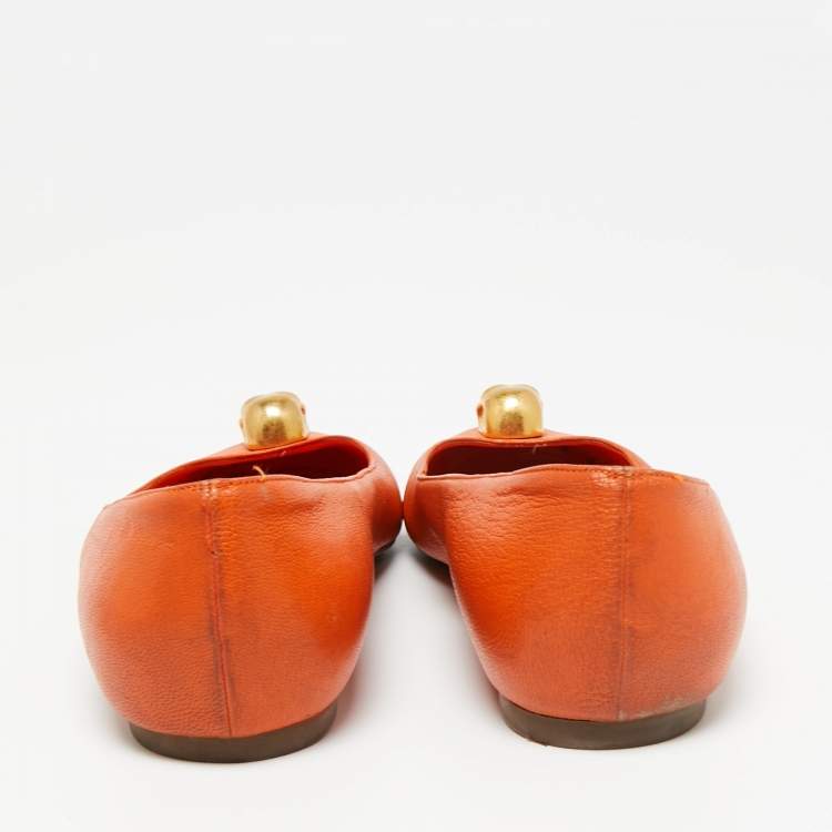 Pre Owned Alexander McQueen Orange Leather Skull City Ballet Flats Size 38.5