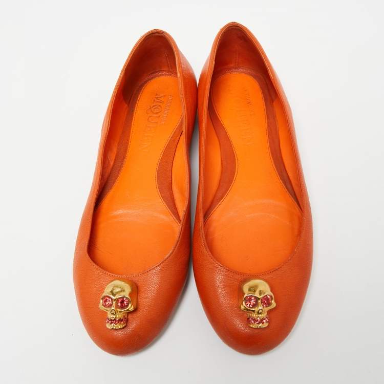 Pre Owned Alexander McQueen Orange Leather Skull City Ballet Flats Size 38.5