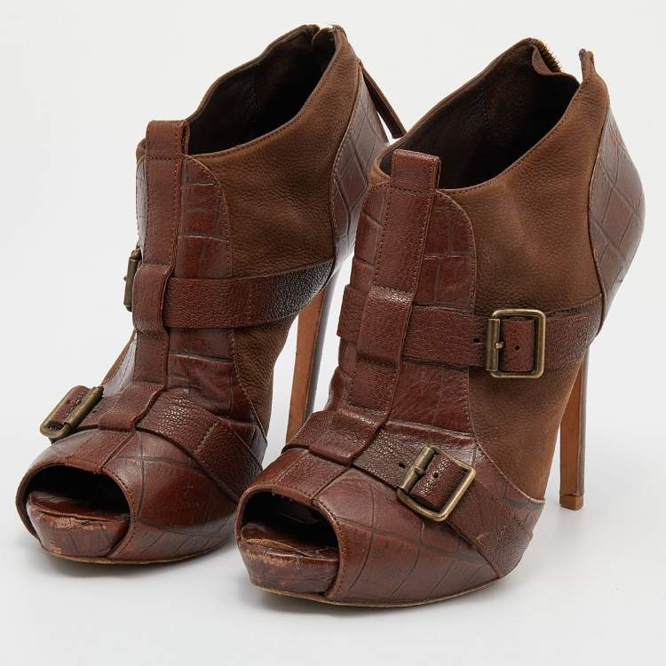 Pre Owned Alexander McQueen Brown Leather Buckle Ankle Length Boots Size 39