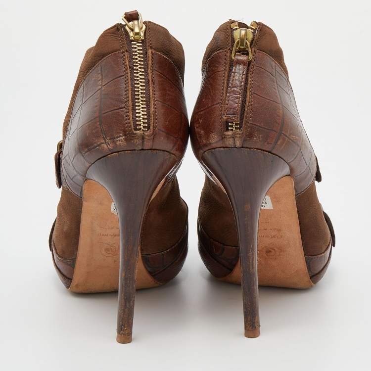 Pre Owned Alexander McQueen Brown Leather Buckle Ankle Length Boots Size 39