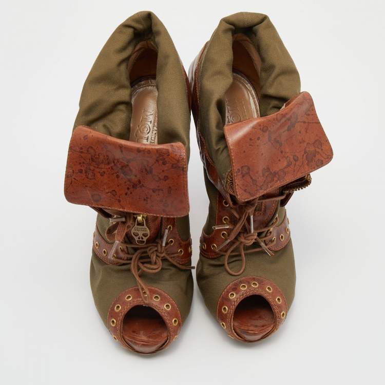 Pre Owned Alexander McQueen Khaki Green/Brown Canvas And Leather Faithful Peep Toe Boots Size 40