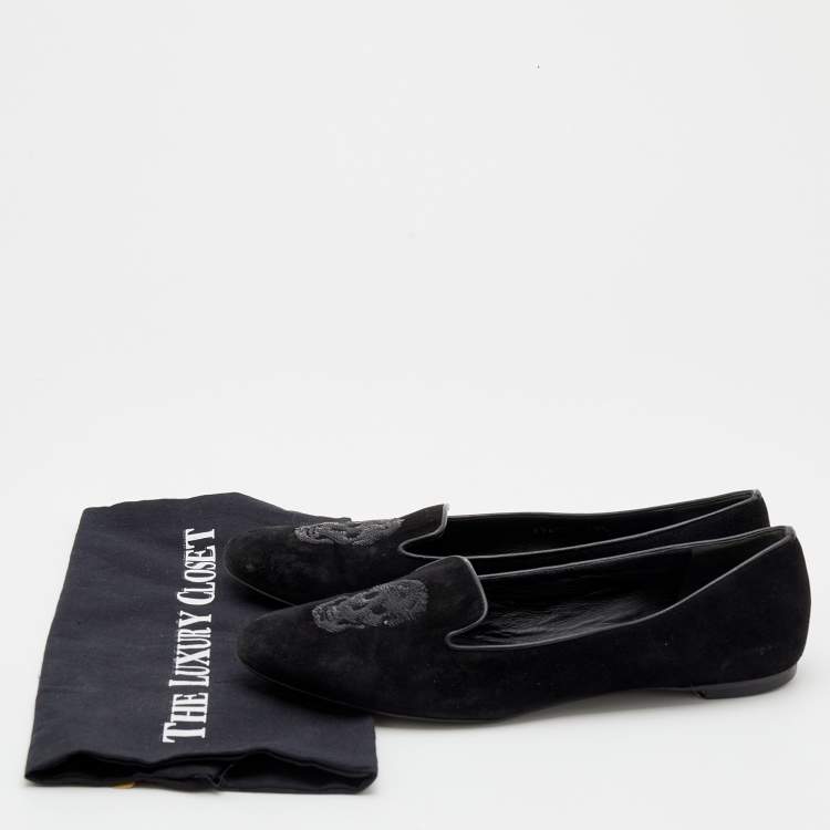 Pre Owned Alexander McQueen Black Suede Sequin Skull Smoking Slippers Size 40.5