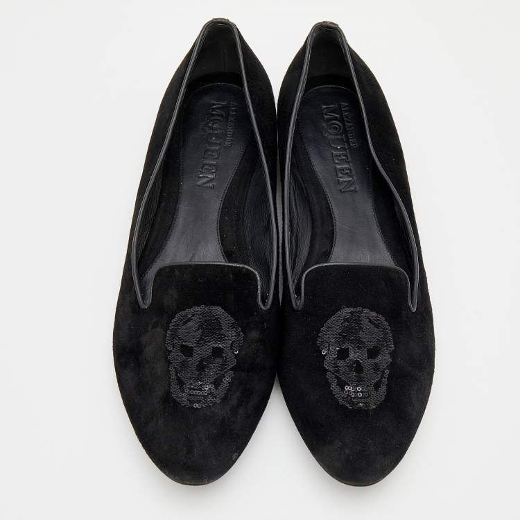 Pre Owned Alexander McQueen Black Suede Sequin Skull Smoking Slippers Size 40.5