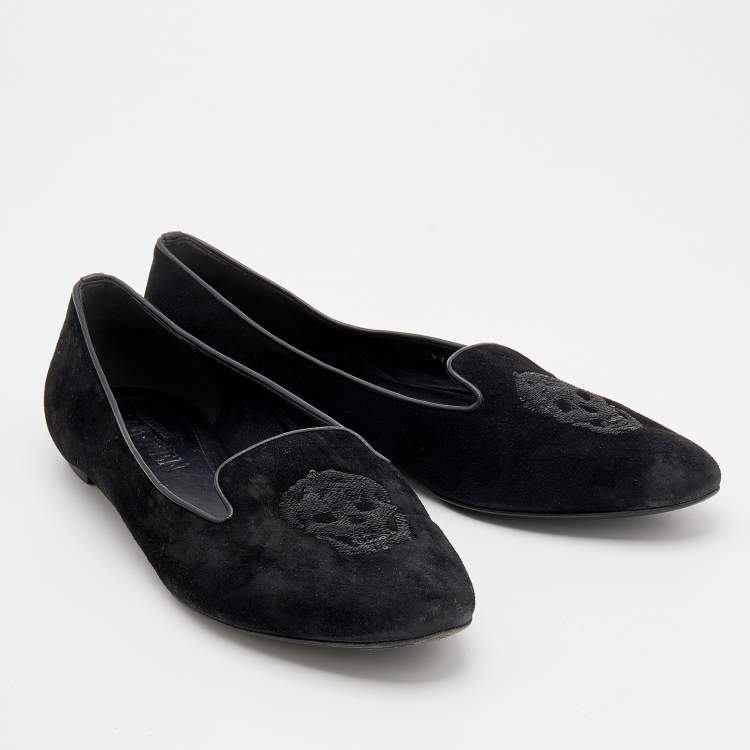 Pre Owned Alexander McQueen Black Suede Sequin Skull Smoking Slippers Size 40.5