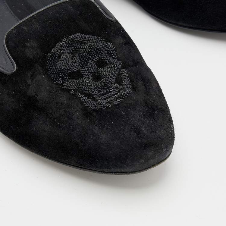 Pre Owned Alexander McQueen Black Suede Sequin Skull Smoking Slippers Size 40.5