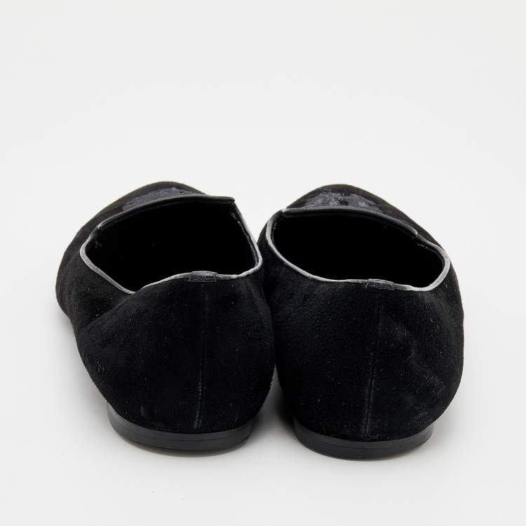 Pre Owned Alexander McQueen Black Suede Sequin Skull Smoking Slippers Size 40.5