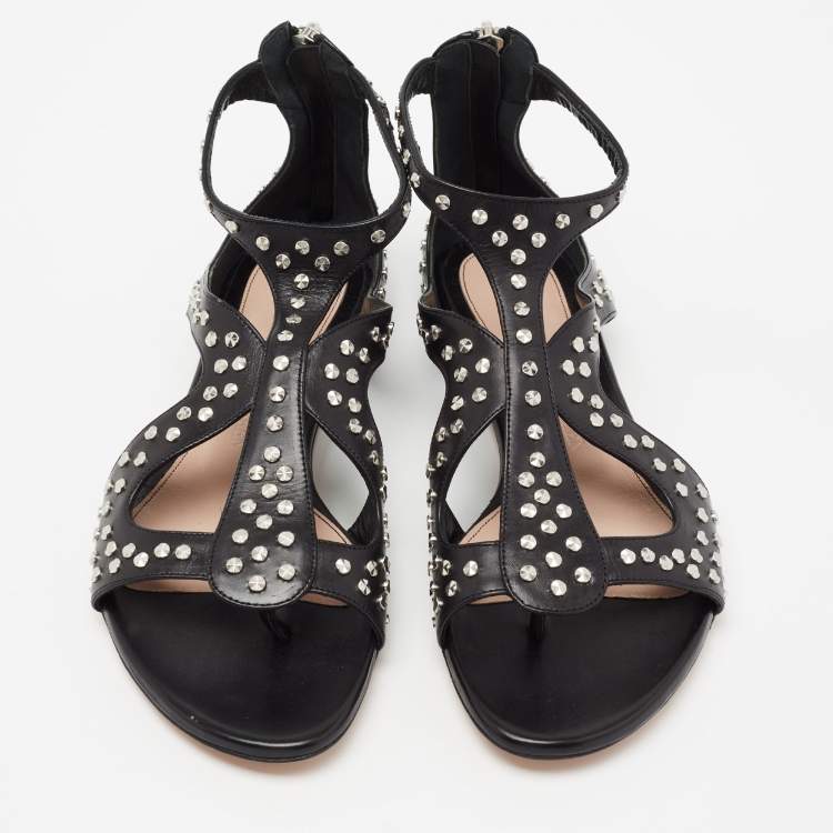 Pre Owned Alexander McQueen Black Micro Studded Leather Cage Flat Sandals Size 38