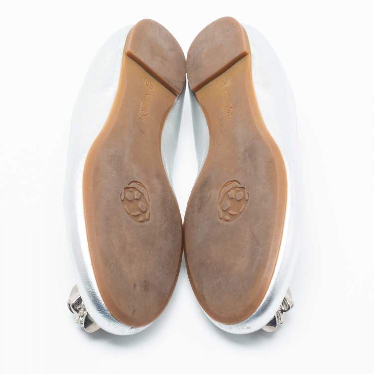 Pre Owned Alexander McQueen Silver Leather Skull City Ballet Flats Size 38