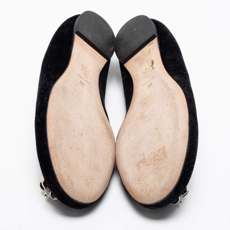 Pre Owned Alexander McQueen Black Velvet Skull Ballet Flats Size 38