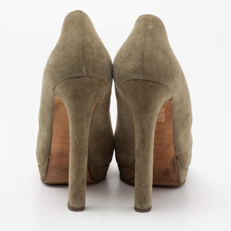 Pre Owned Alexander McQueen Green Suede Crystal Embellished Skull Peep Toe Pumps Size 38.5