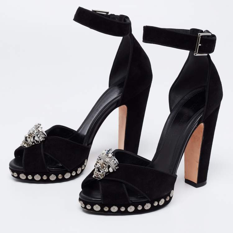 Pre Owned Alexander McQueen Black Suede Crystal Embellished Skull Ankle Strap Sandals Size 38
