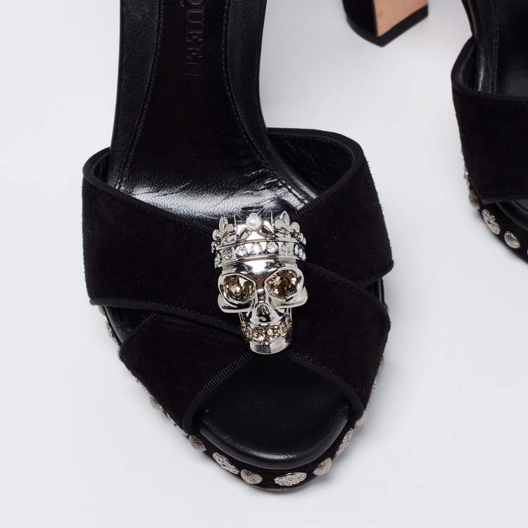 Pre Owned Alexander McQueen Black Suede Crystal Embellished Skull Ankle Strap Sandals Size 38
