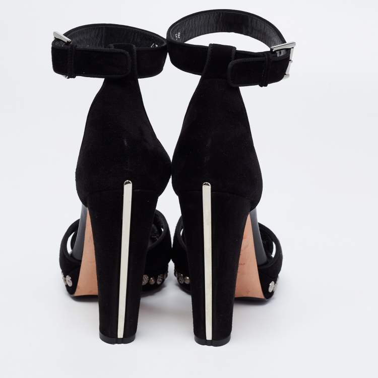 Pre Owned Alexander McQueen Black Suede Crystal Embellished Skull Ankle Strap Sandals Size 38