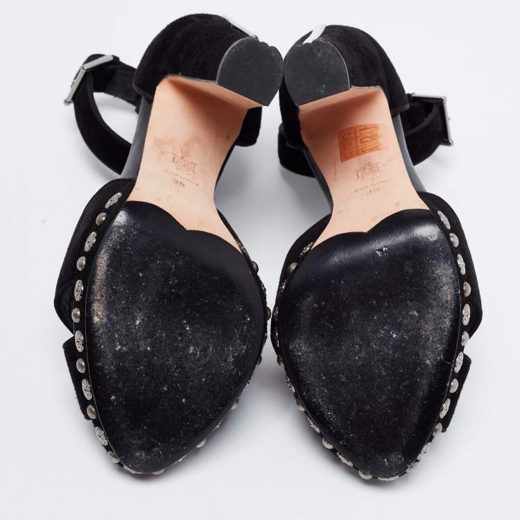 Pre Owned Alexander McQueen Black Suede Crystal Embellished Skull Ankle Strap Sandals Size 38