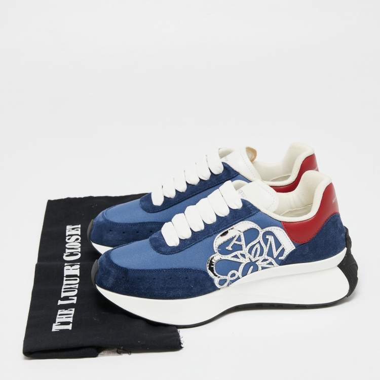 Pre Owned Alexander McQueen Navy Blue/Red Fabric, Leather and Suede Sprint Runner Low-Top Sneakers Size 37