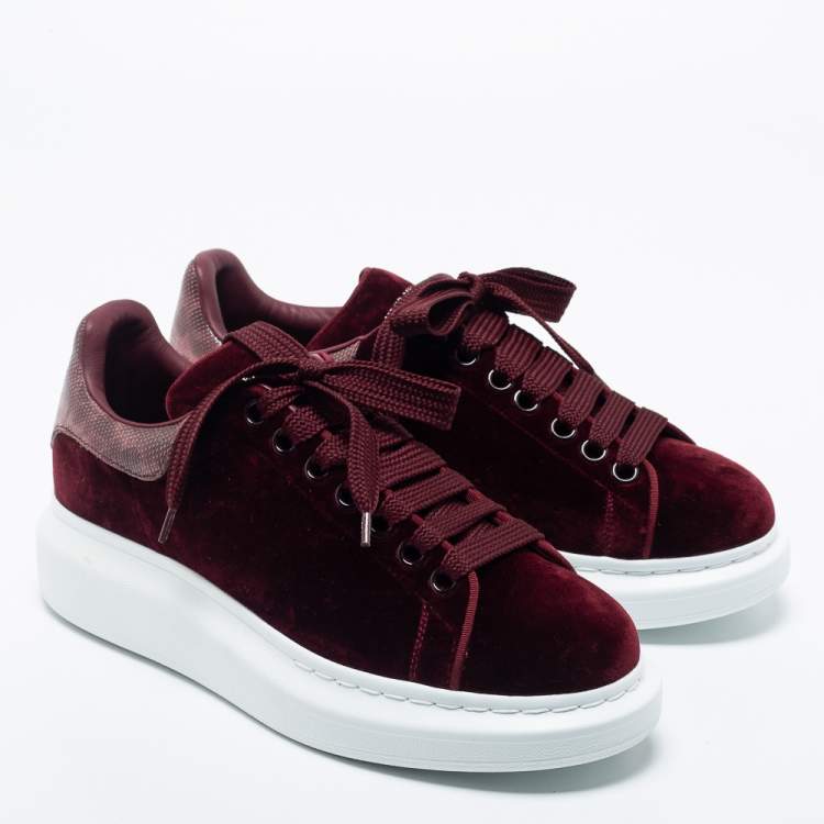 Pre Owned Alexander McQueen Burgundy Velvet And Snakeskin Oversized Low Top Sneakers Size 39.5