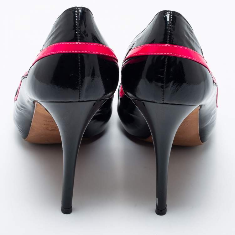Pre Owned Alexander McQueen Black/Pink Patent Leather Open Toe Platform Pumps Size 37