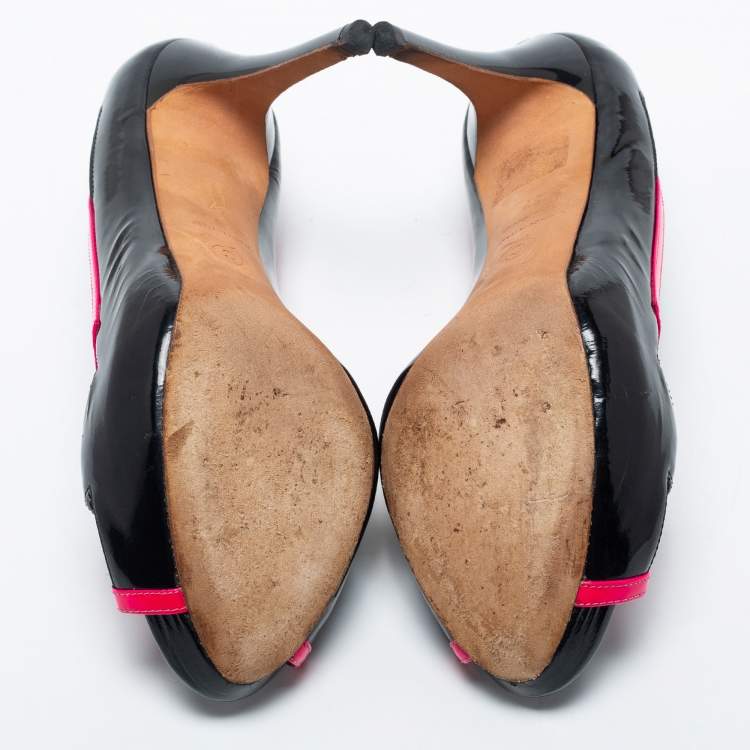Pre Owned Alexander McQueen Black/Pink Patent Leather Open Toe Platform Pumps Size 37