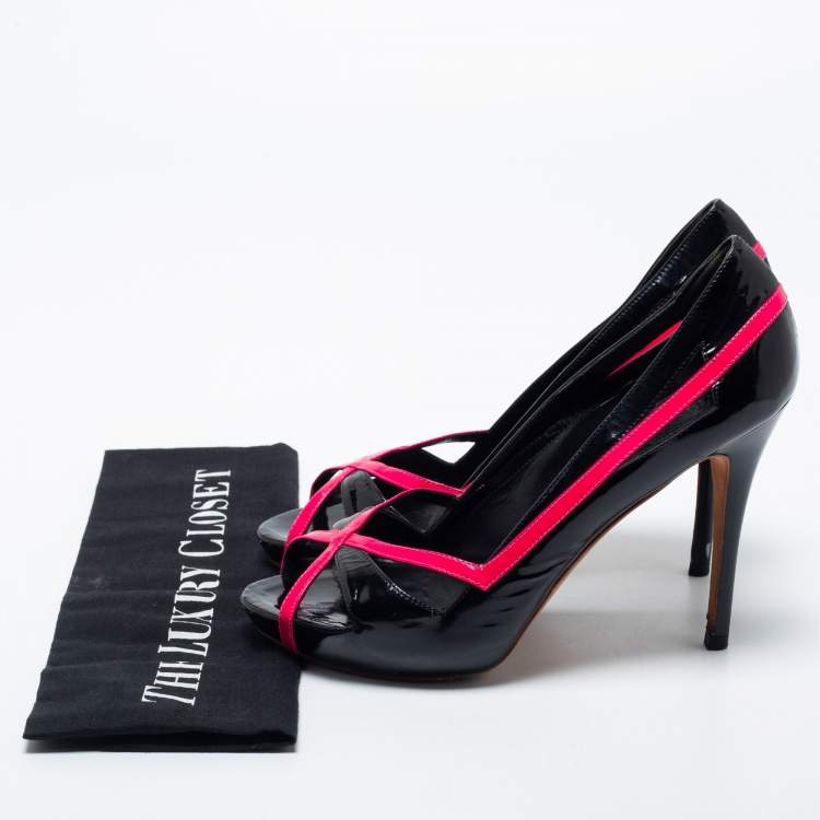 Pre Owned Alexander McQueen Black/Pink Patent Leather Open Toe Platform Pumps Size 37