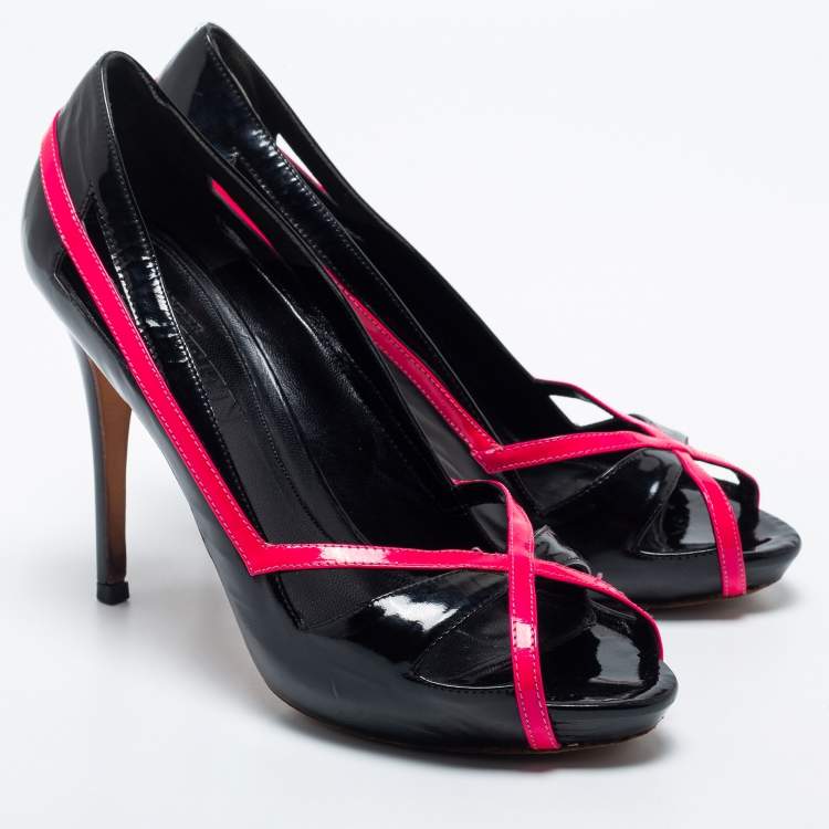 Pre Owned Alexander McQueen Black/Pink Patent Leather Open Toe Platform Pumps Size 37