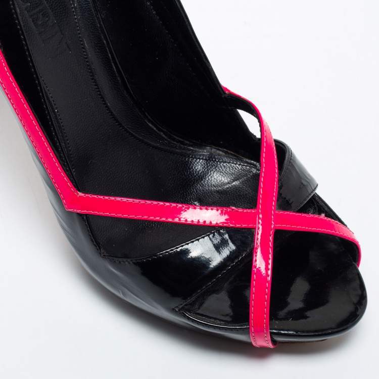 Pre Owned Alexander McQueen Black/Pink Patent Leather Open Toe Platform Pumps Size 37
