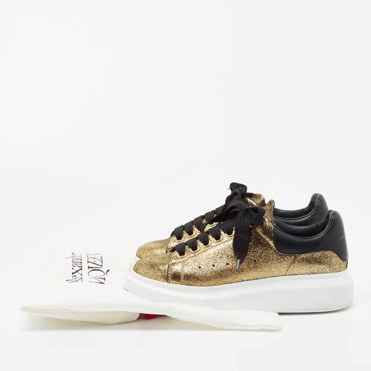 Pre Owned Alexander McQueen Gold/Black Texture Leather Classic Larry Platform Lace Up Sneakers Size 37