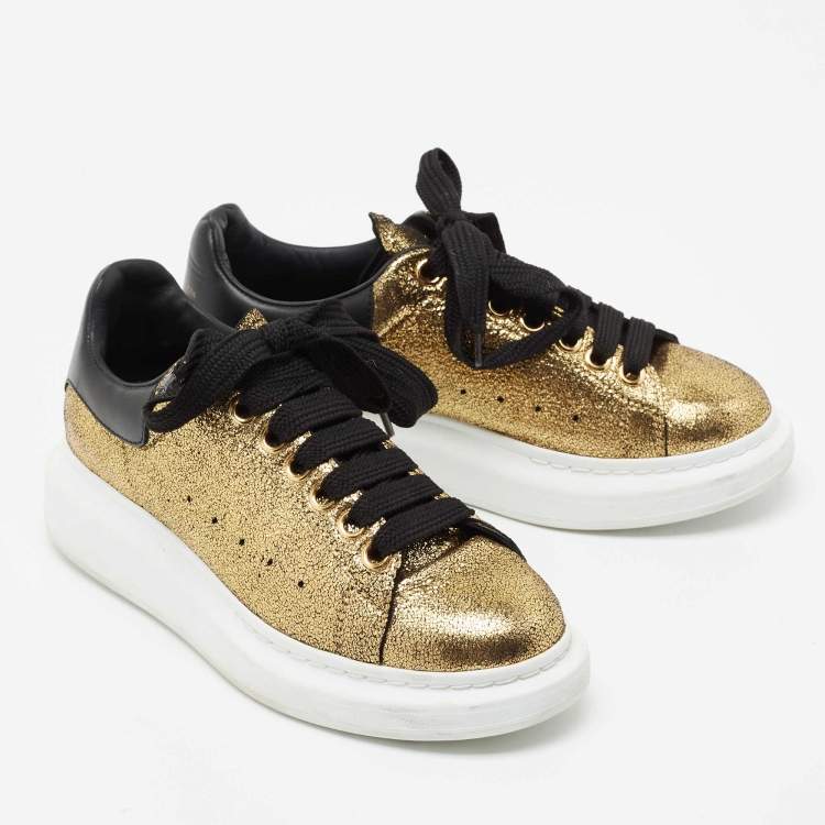 Pre Owned Alexander McQueen Gold/Black Texture Leather Classic Larry Platform Lace Up Sneakers Size 37