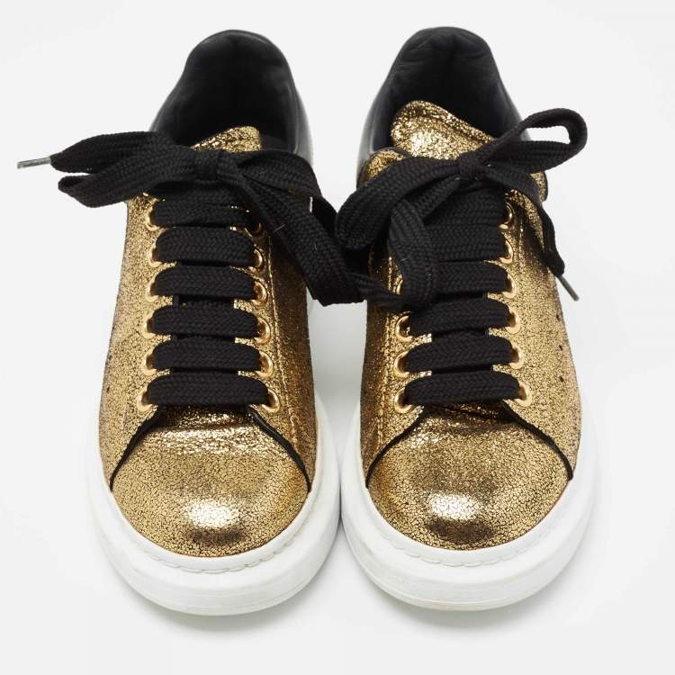 Pre Owned Alexander McQueen Gold/Black Texture Leather Classic Larry Platform Lace Up Sneakers Size 37