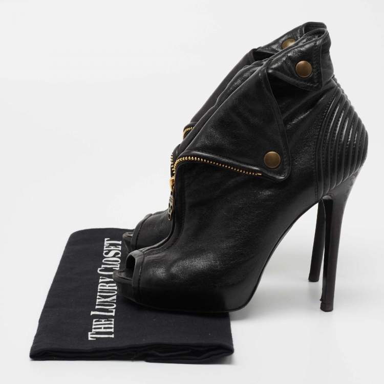 Pre Owned Alexander McQueen Black Leather Faithful Skull Peep Toe Booties Size 36 