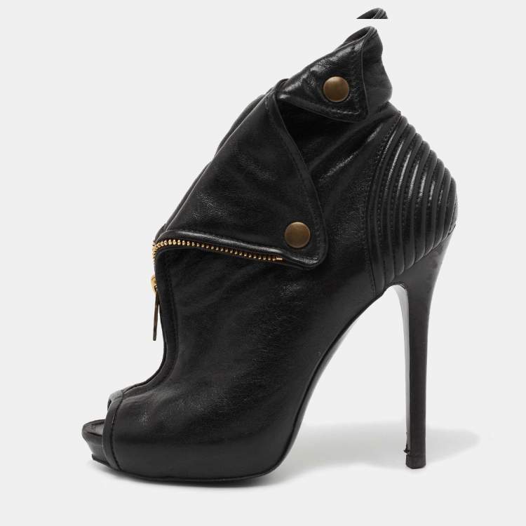 Pre Owned Alexander McQueen Black Leather Faithful Skull Peep Toe Booties Size 36 