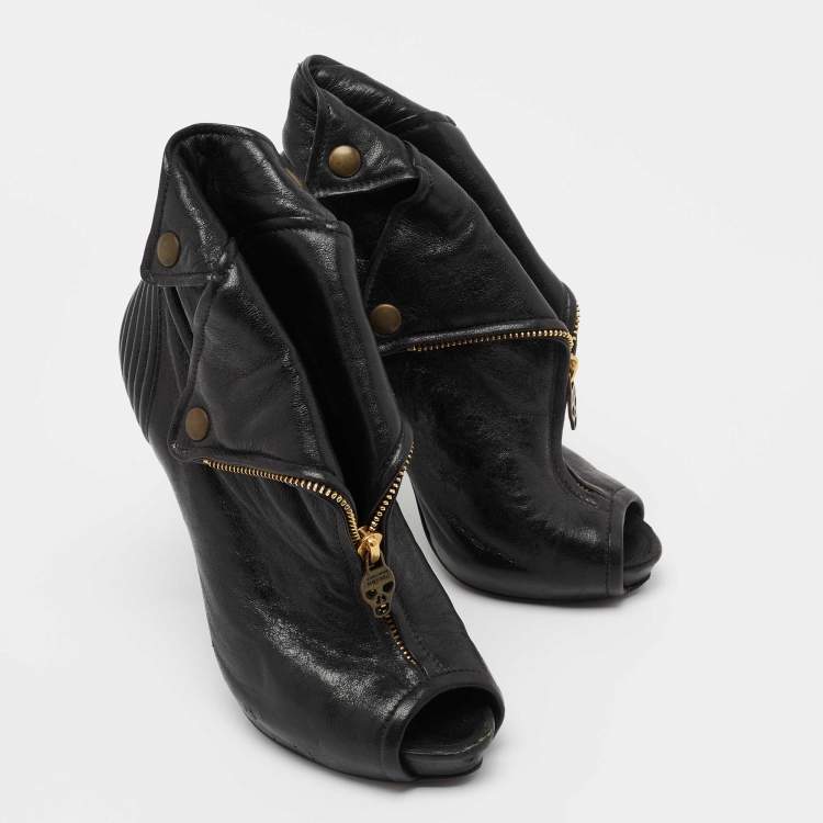 Pre Owned Alexander McQueen Black Leather Faithful Skull Peep Toe Booties Size 36 