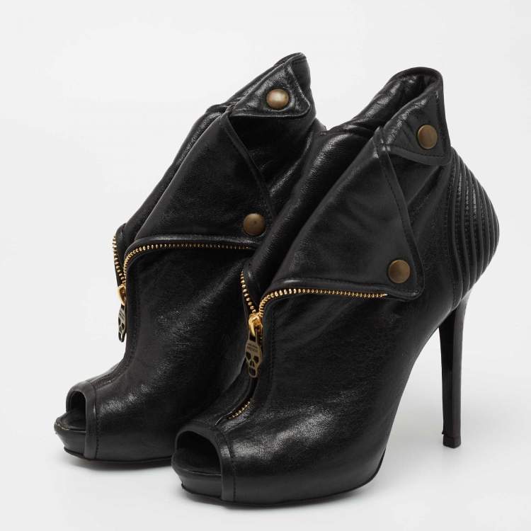 Pre Owned Alexander McQueen Black Leather Faithful Skull Peep Toe Booties Size 36 