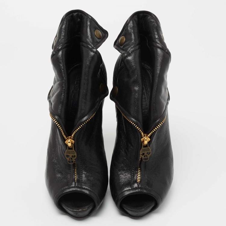 Pre Owned Alexander McQueen Black Leather Faithful Skull Peep Toe Booties Size 36 