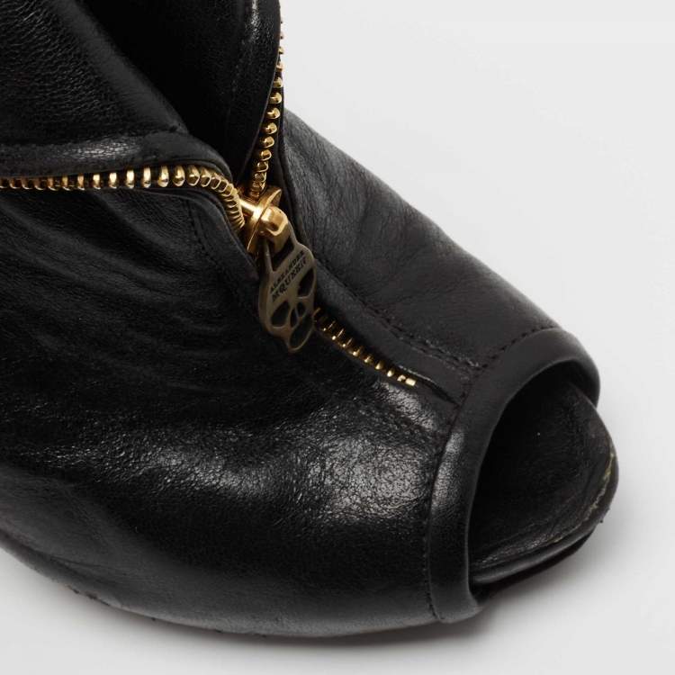 Pre Owned Alexander McQueen Black Leather Faithful Skull Peep Toe Booties Size 36 