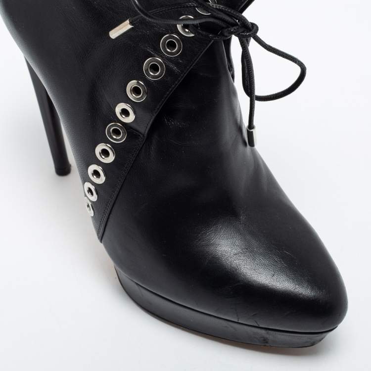 Pre Owned Alexander McQueen Black Leather Eyelet Detail Platform Ankle Booties Size 36