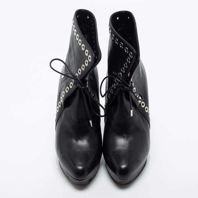 Pre Owned Alexander McQueen Black Leather Eyelet Detail Platform Ankle Booties Size 36