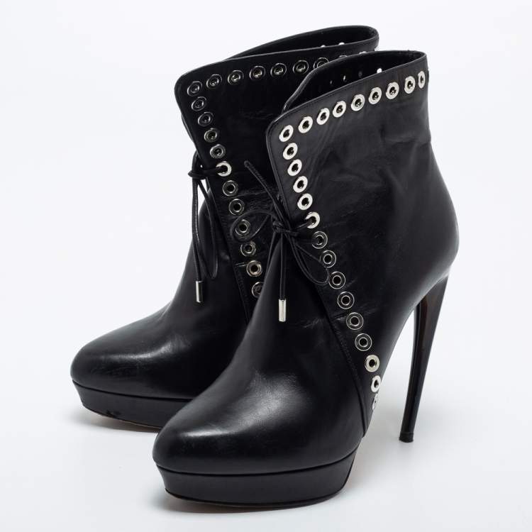 Pre Owned Alexander McQueen Black Leather Eyelet Detail Platform Ankle Booties Size 36