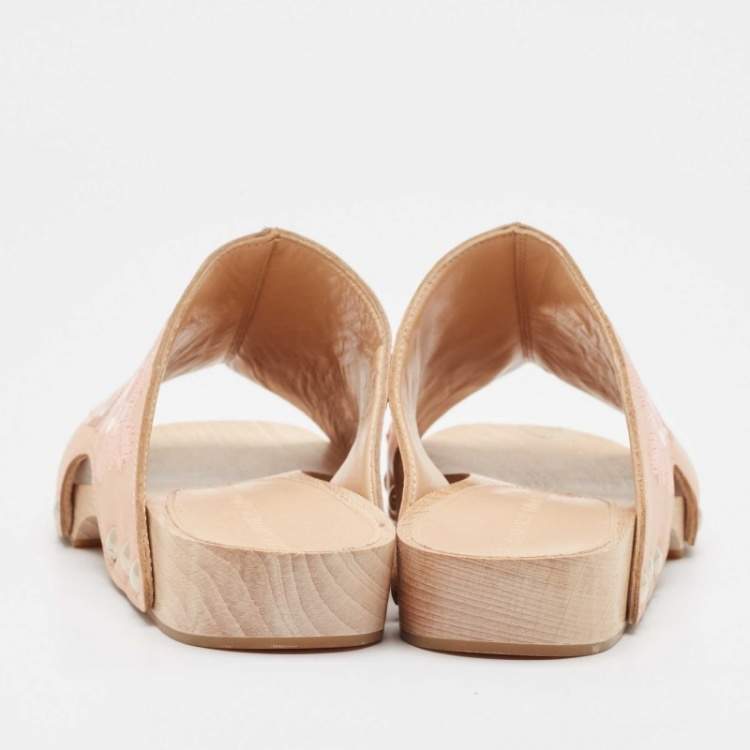 Pre Owned Alexander McQueen Peach Leather Embroidered Wooden Clogs Size 37.5