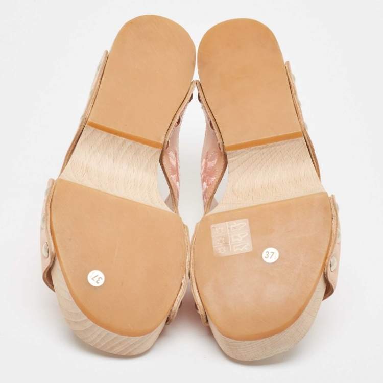 Pre Owned Alexander McQueen Peach Leather Embroidered Wooden Clogs Size 37.5