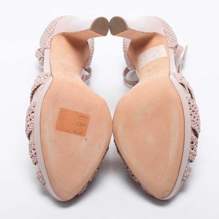 مملوكة مسبقًا Alexander McQueen Pink Woven Leather T-Bar Ankle Strap Sandals Size 37