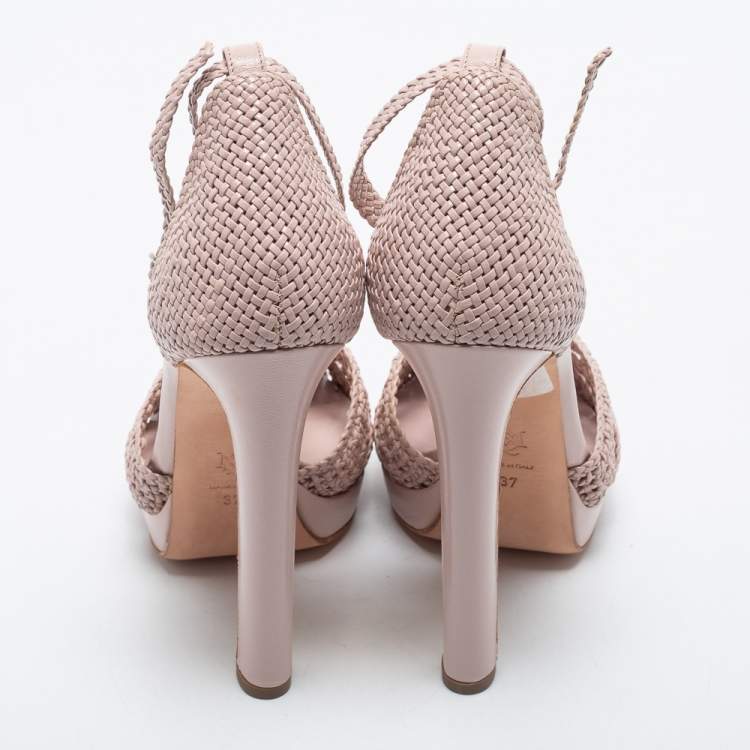 مملوكة مسبقًا Alexander McQueen Pink Woven Leather T-Bar Ankle Strap Sandals Size 37