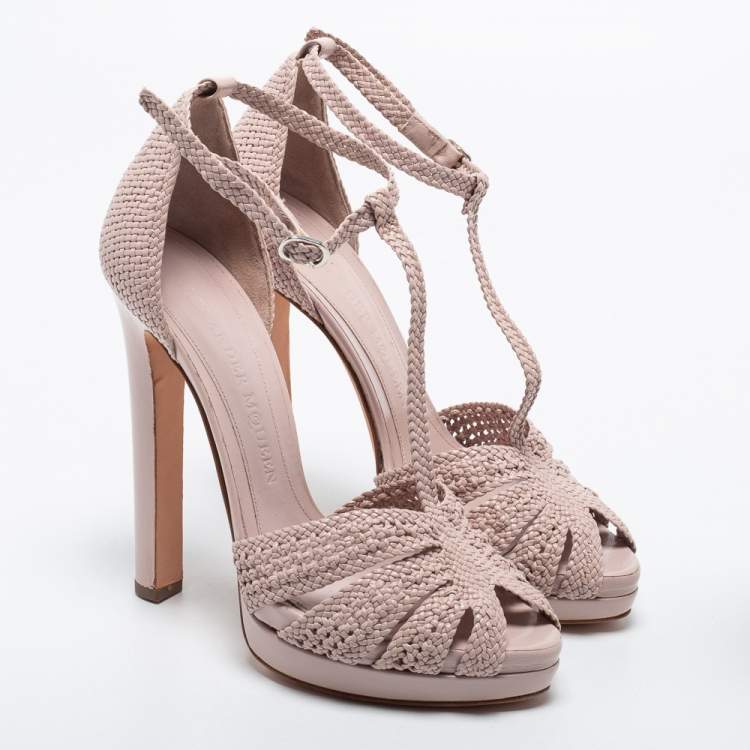 مملوكة مسبقًا Alexander McQueen Pink Woven Leather T-Bar Ankle Strap Sandals Size 37