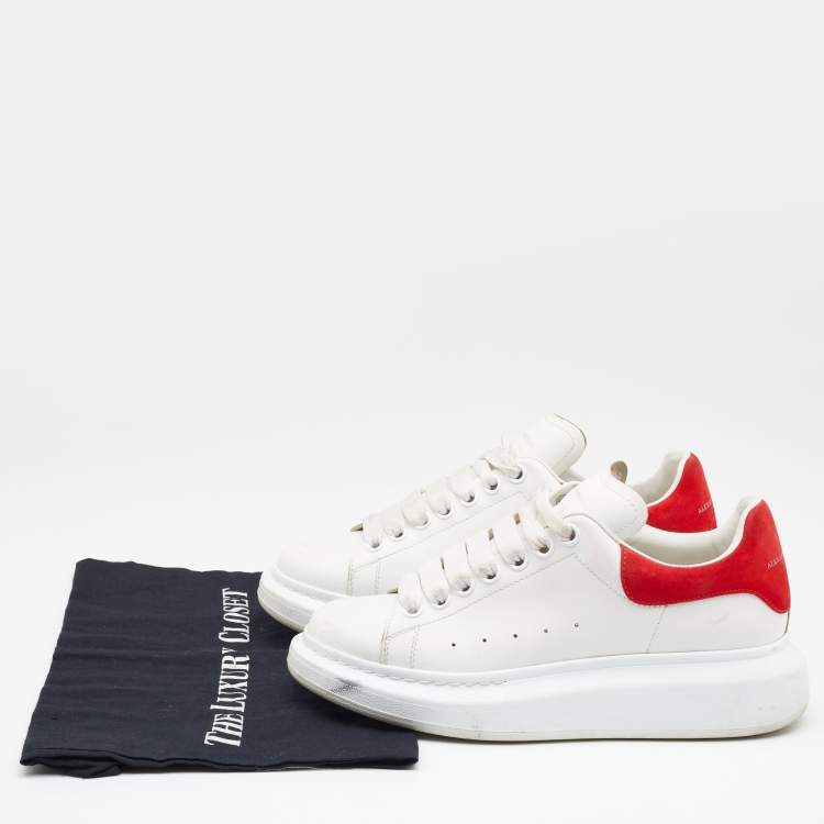 Pre Owned Alexander McQueen White/Red Leather and Suede Oversized Low Top Sneakers Size 38