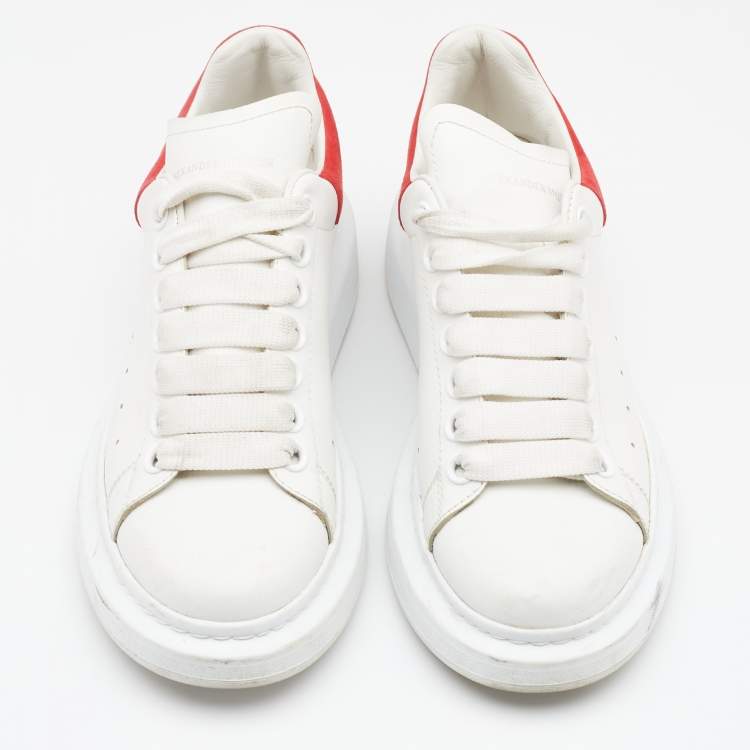 Pre Owned Alexander McQueen White/Red Leather and Suede Oversized Low Top Sneakers Size 38