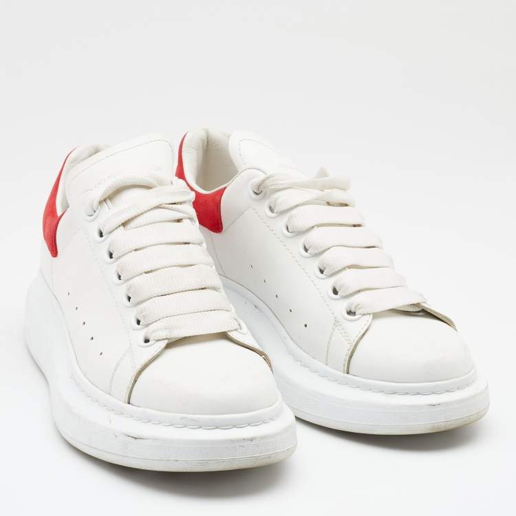 Pre Owned Alexander McQueen White/Red Leather and Suede Oversized Low Top Sneakers Size 38